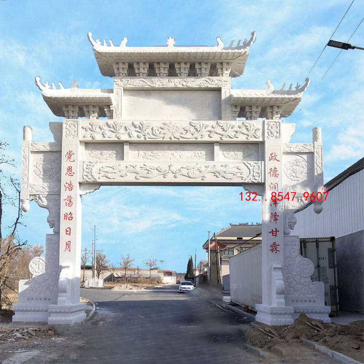 農(nóng)村牌坊雕刻花紋樣式和景區(qū)石牌樓石雕大門雕刻圖片