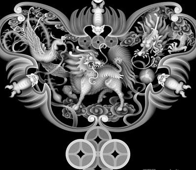 在這個(gè)浮雕作品涉及圖中有麒麟、鳳凰、龍、蝙蝠、祥云等。
